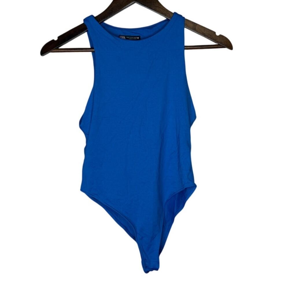 Zara Sleeveless Fitted Slimming Round Neck Soft BodySuit Button Closure S Blue
